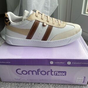 Comfortflex Casual White & Tan Sneaker with Brown Stripes